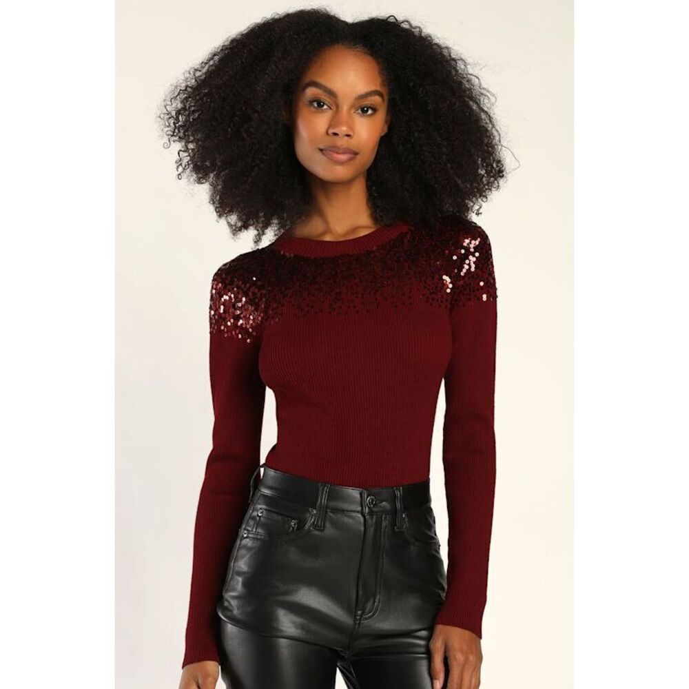 Lulus Seasonal Shine Burgundy Ribbed Knit Sequin Long Sleeve Top Purple